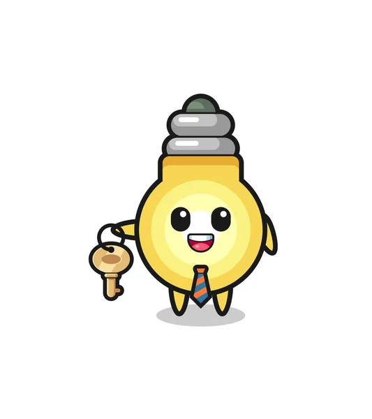 Cute Light Bulb Real Estate Agent Mascot Cute Design — Stok Vektör