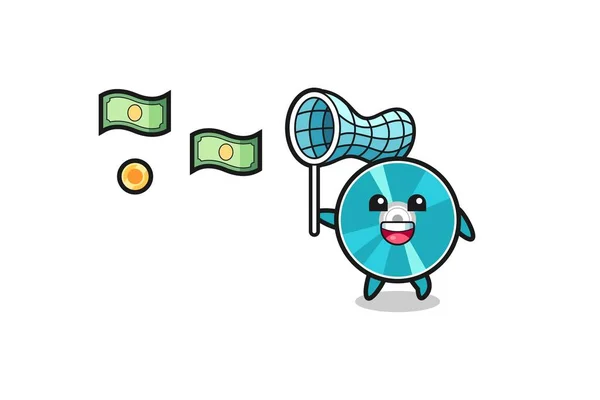 Illustration Optical Disc Catching Flying Money Cute Design — Stockvektor
