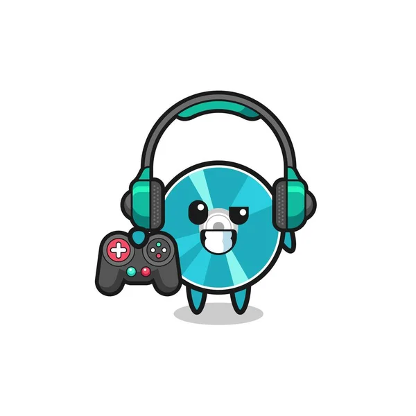 Optical Disc Gamer Mascot Holding Game Controller Cute Design — Stockvektor