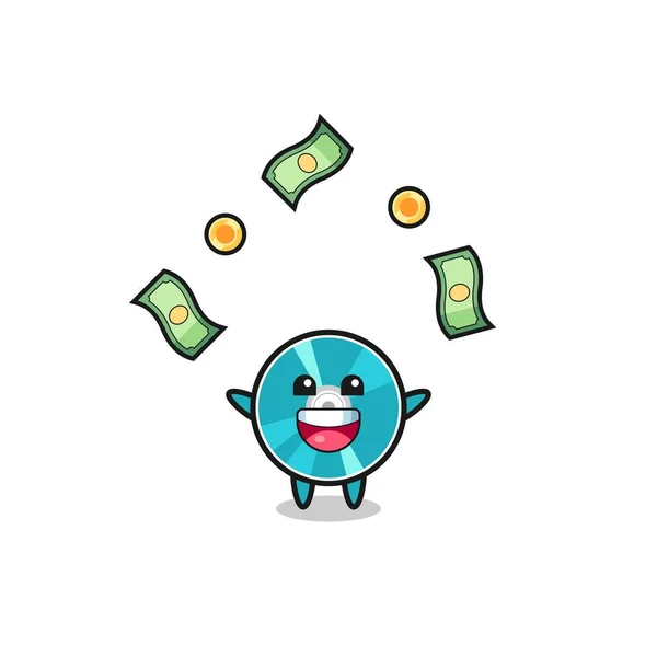 Illustration Optical Disc Catching Money Falling Sky Cute Design — Stok Vektör