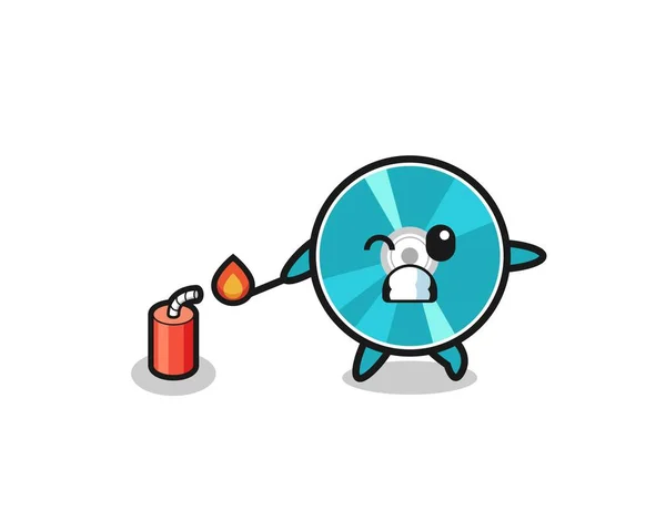 Optical Disc Mascot Illustration Playing Firecracker Cute Design — Stockvektor