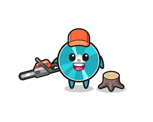 Optical Disc Lumberjack Character Holding Chainsaw Cute Design — Archivo Imágenes Vectoriales