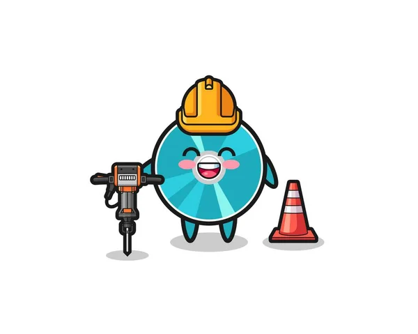 Road Worker Mascot Optical Disc Holding Drill Machine Cute Design — Archivo Imágenes Vectoriales