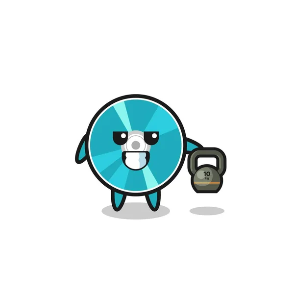 Optical Disc Mascot Lifting Kettlebell Gym Cute Design — стоковый вектор