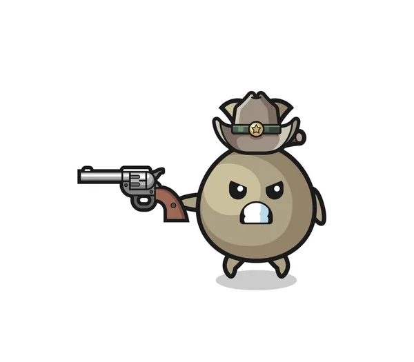 Money Sack Cowboy Shooting Gun Cute Design — Stok Vektör