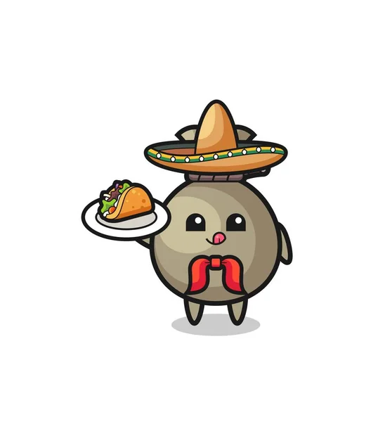 Money Sack Mexican Chef Mascot Holding Taco Cute Design — ストックベクタ