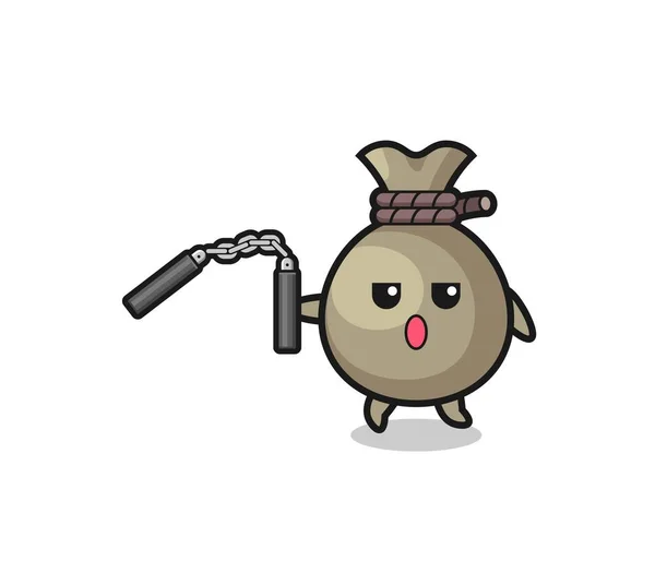 Cartoon Money Sack Using Nunchaku Cute Design —  Vetores de Stock