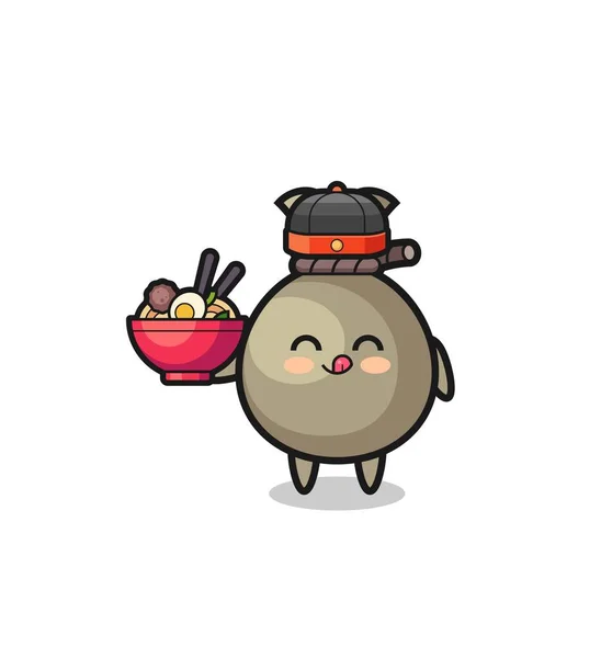 Money Sack Chinese Chef Mascot Holding Noodle Bowl Cute Design — 스톡 벡터