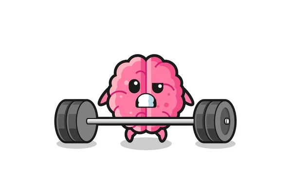 Cartoon Brain Lifting Barbell Cute Design — Vector de stock