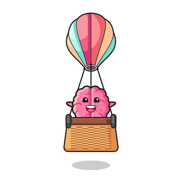 熱気球に乗る脳マスコット可愛いデザイン — ストックベクタ