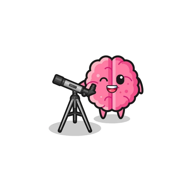 Brain Astronomer Mascot Modern Telescope Cute Design — Wektor stockowy