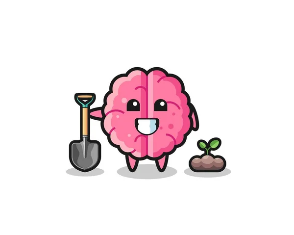 Cute Brain Cartoon Planting Tree Seed Cute Design — Stockový vektor
