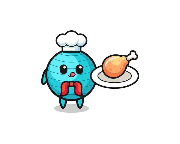 Exercise Ball Fried Chicken Chef Cartoon Character Cute Design — стоковый вектор
