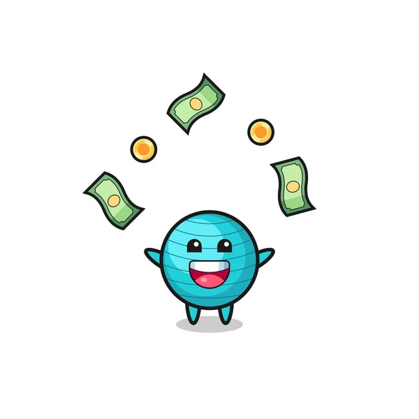 Illustration Exercise Ball Catching Money Falling Sky Cute Design — 스톡 벡터