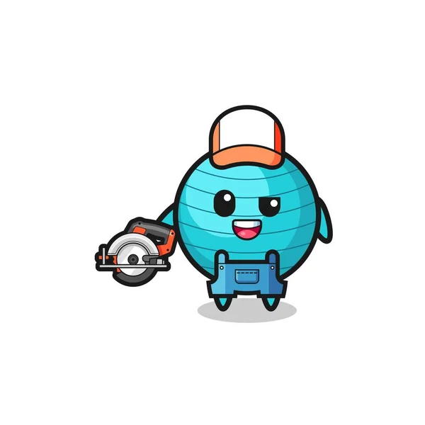 Woodworker Exercise Ball Mascot Holding Circular Saw Cute Design — Archivo Imágenes Vectoriales