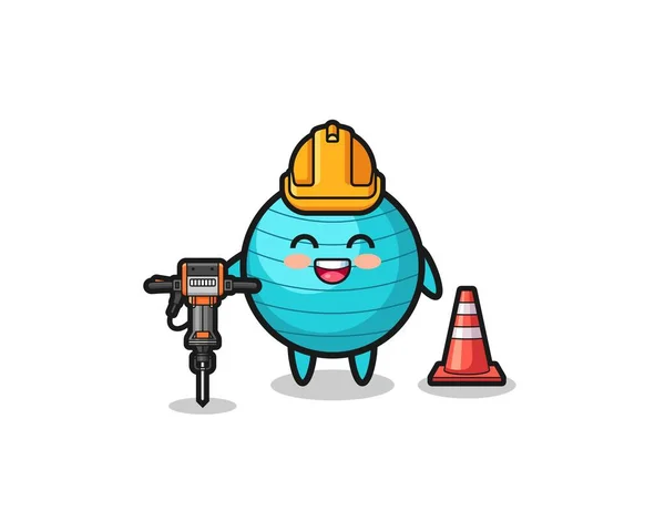 Road Worker Mascot Exercise Ball Holding Drill Machine Cute Design — Vector de stock