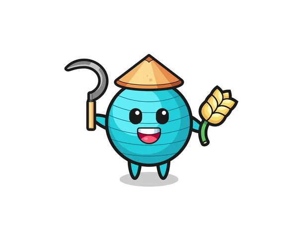 Exercise Ball Asian Farmer Holding Paddy Cute Design — Wektor stockowy