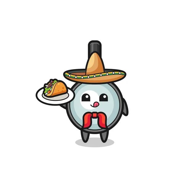 Magnifying Glass Mexican Chef Mascot Holding Taco Cute Design — Stock vektor