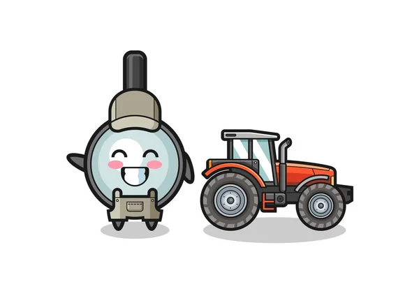 Magnifying Glass Farmer Mascot Standing Tractor Cute Design — стоковый вектор