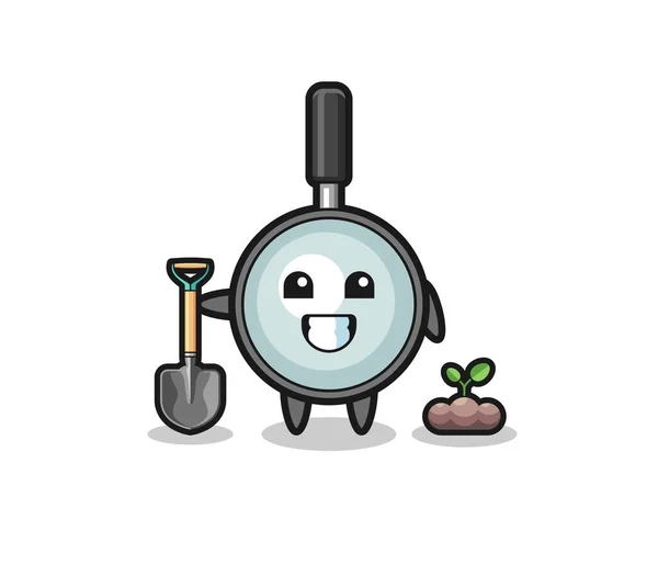 Cute Magnifying Glass Cartoon Planting Tree Seed Cute Design — Vettoriale Stock