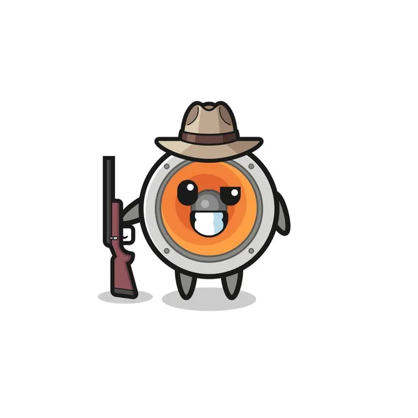 Loudspeaker Hunter Mascot Holding Gun Cute Design — Stok Vektör