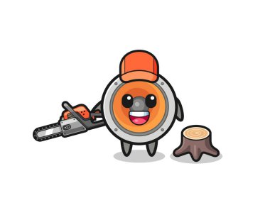 loudspeaker lumberjack character holding a chainsaw , cute design
