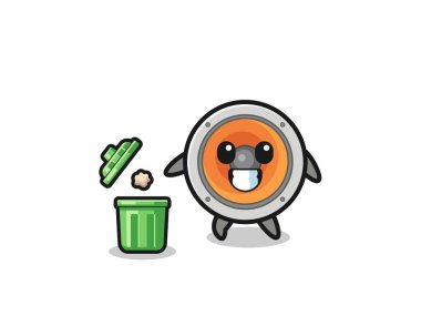 illustration of the loudspeaker throwing garbage in the trash can , cute design