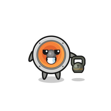 loudspeaker mascot lifting kettlebell in the gym , cute design