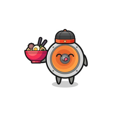 loudspeaker as Chinese chef mascot holding a noodle bowl , cute design