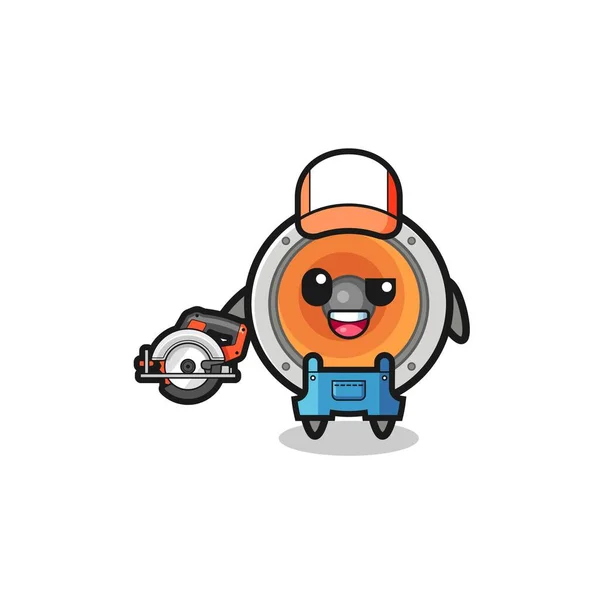 Woodworker Loudspeaker Mascot Holding Circular Saw Cute Design — Stockvector