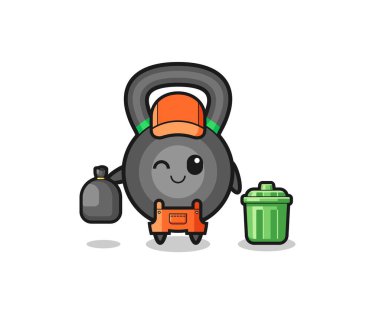 the mascot of cute kettlebell as garbage collector , cute design