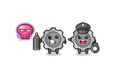 gear cartoon doing vandalism and caught by the police , cute design