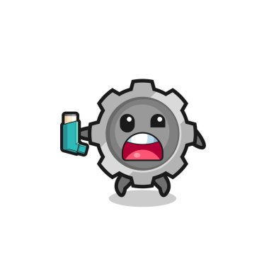gear mascot having asthma while holding the inhaler , cute design