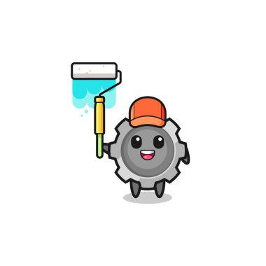 the gear painter mascot with a paint roller , cute design