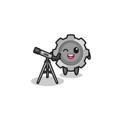 gear astronomer mascot with a modern telescope , cute design