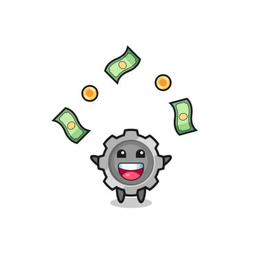 illustration of the gear catching money falling from the sky , cute design