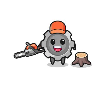 gear lumberjack character holding a chainsaw , cute design