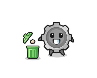 illustration of the gear throwing garbage in the trash can , cute design