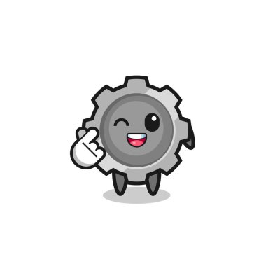 gear character doing Korean finger heart , cute design
