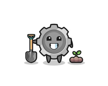 cute gear cartoon is planting a tree seed , cute design