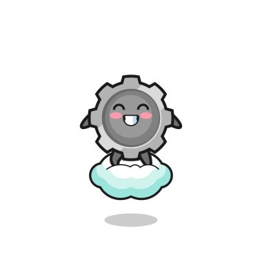 cute gear illustration riding a floating cloud , cute design