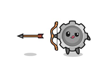 illustration of gear character doing archery , cute design