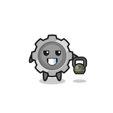 gear mascot lifting kettlebell in the gym , cute design