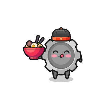 gear as Chinese chef mascot holding a noodle bowl , cute design