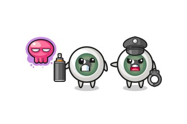 eyeball cartoon doing vandalism and caught by the police , cute design
