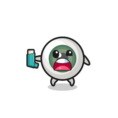 eyeball mascot having asthma while holding the inhaler , cute design