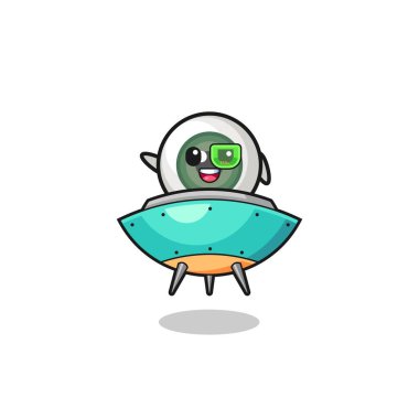 eyeball cartoon riding a future spaceship , cute design
