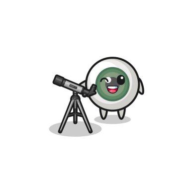 eyeball astronomer mascot with a modern telescope , cute design