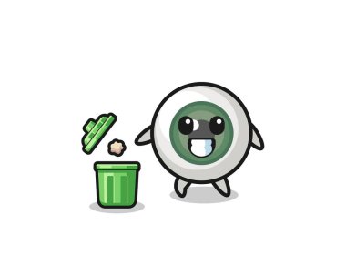 illustration of the eyeball throwing garbage in the trash can , cute design
