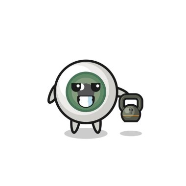 eyeball mascot lifting kettlebell in the gym , cute design